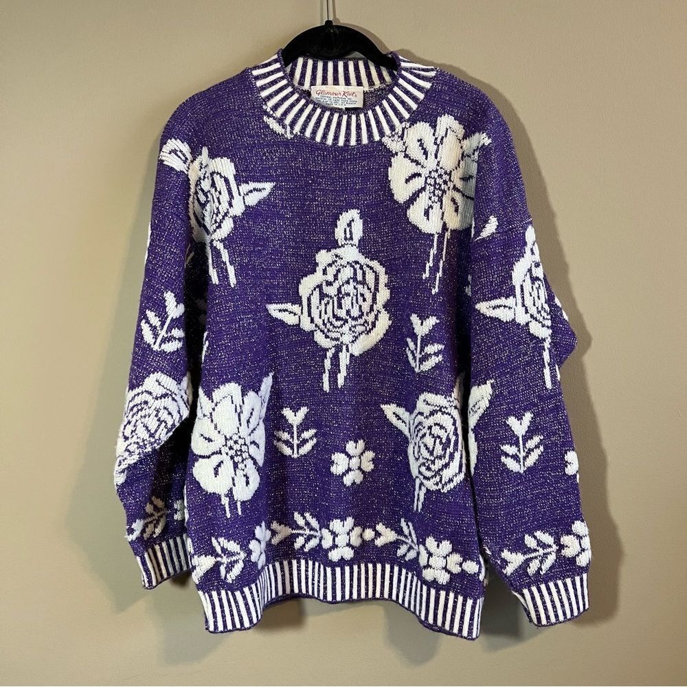 ✨ Vintage Glamour Knit Purple White Metallic Floral Crewneck Sweater